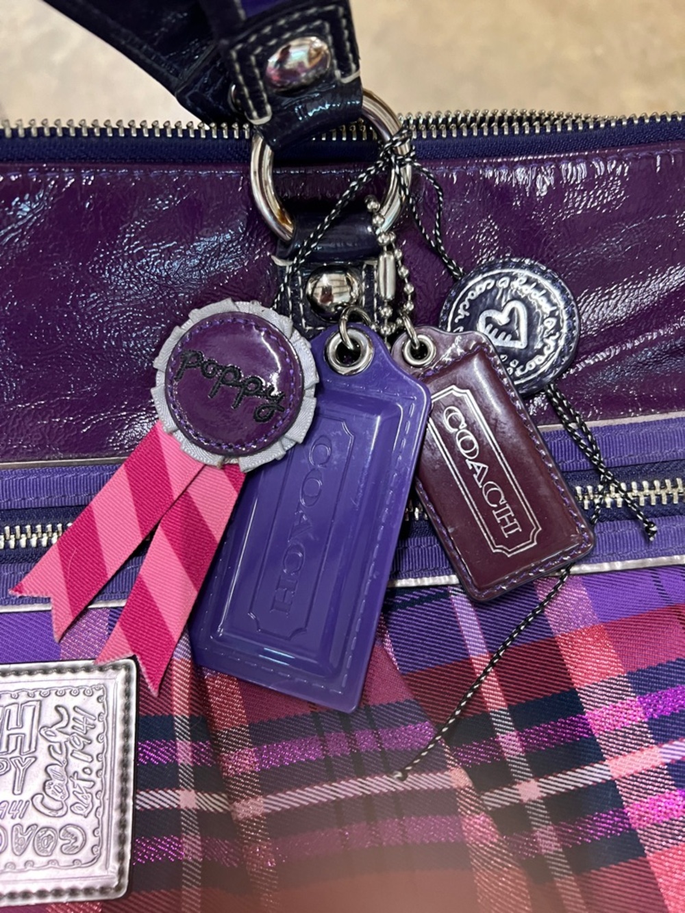 Coach Purple Plaid Poppy Tote with Pink Accents - Picture 4 of 15
